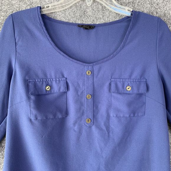 Mine Pullover Blouse Sz S Button Flyaway Back Blue Long Tab Roll Sleeves Career - Picture 2 of 12
